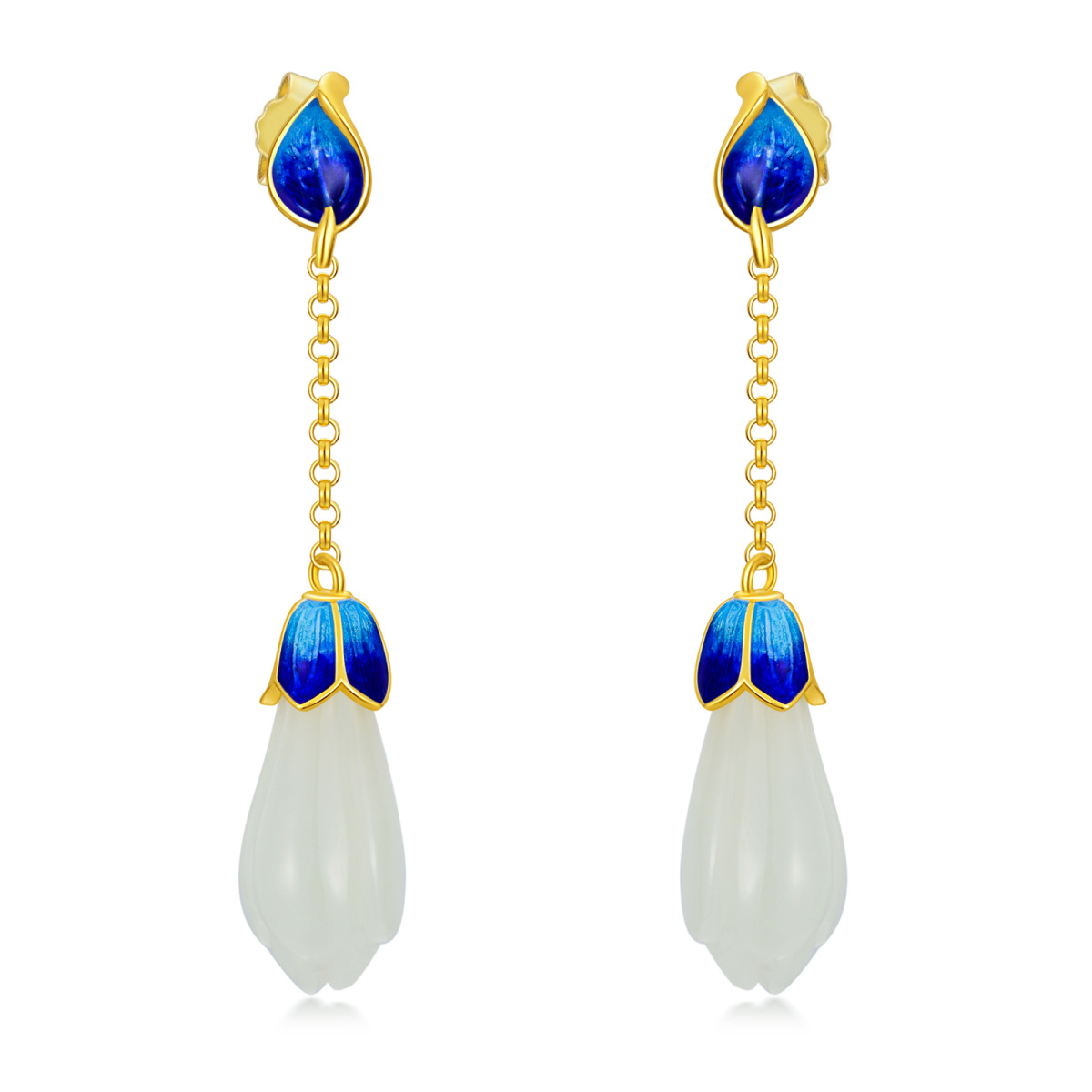 Sterling Silver with Yellow Gold Plated Jade Tulip Drop Earrings-4