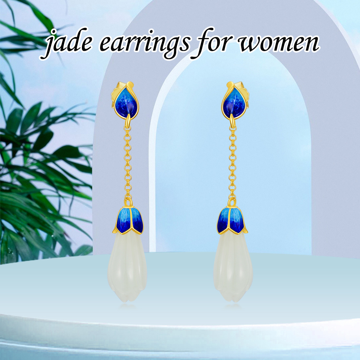 Sterling Silver with Yellow Gold Plated Jade Tulip Drop Earrings-5