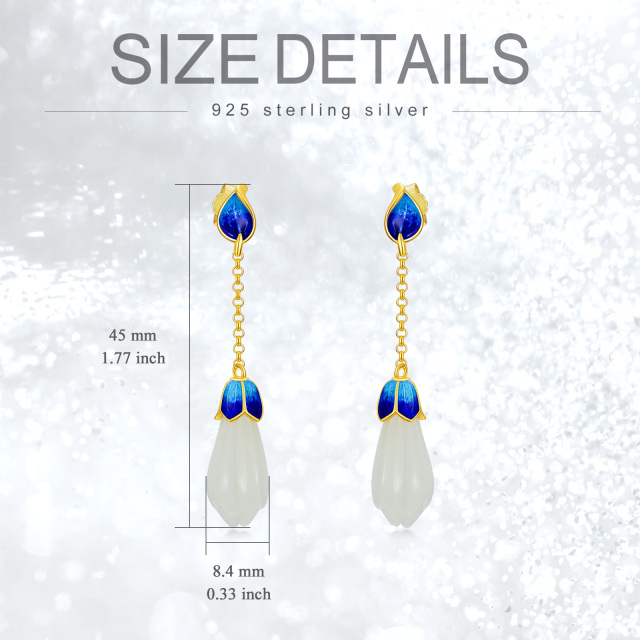 Sterling Silver with Yellow Gold Plated Jade Tulip Drop Earrings-6