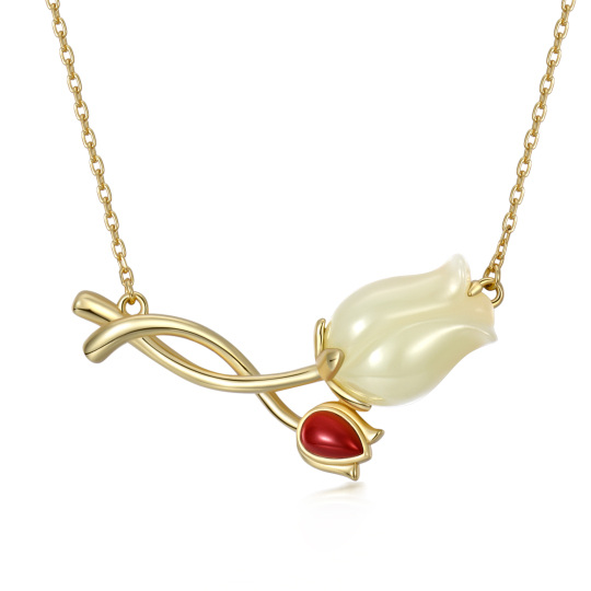 Sterling Silver with Yellow Gold Plated Jade Tulip Pendant Necklace-4