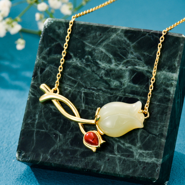 Sterling Silver with Yellow Gold Plated Jade Tulip Pendant Necklace-3