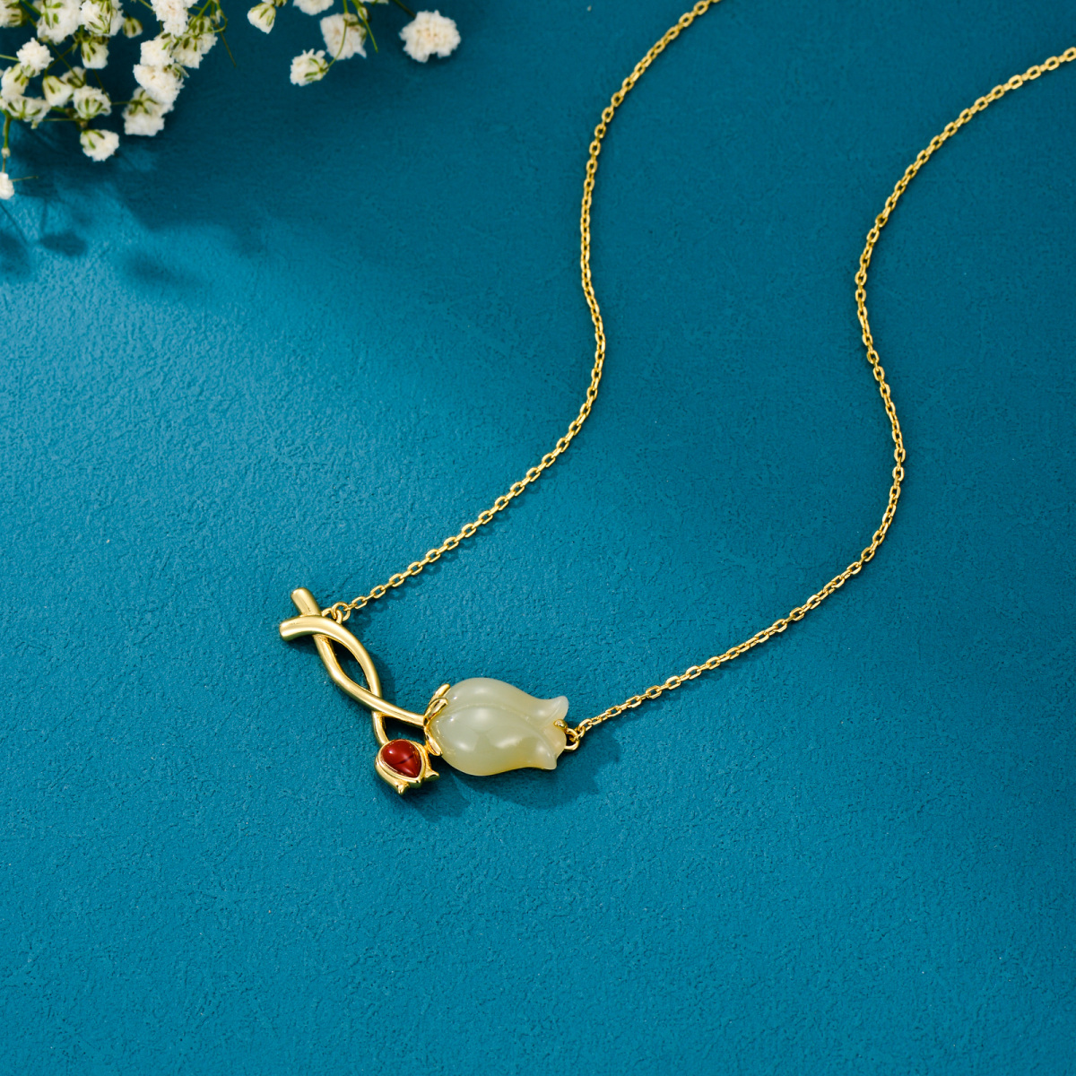 Collier en argent sterling avec pendentif tulipe en jade plaqué or jaune-4