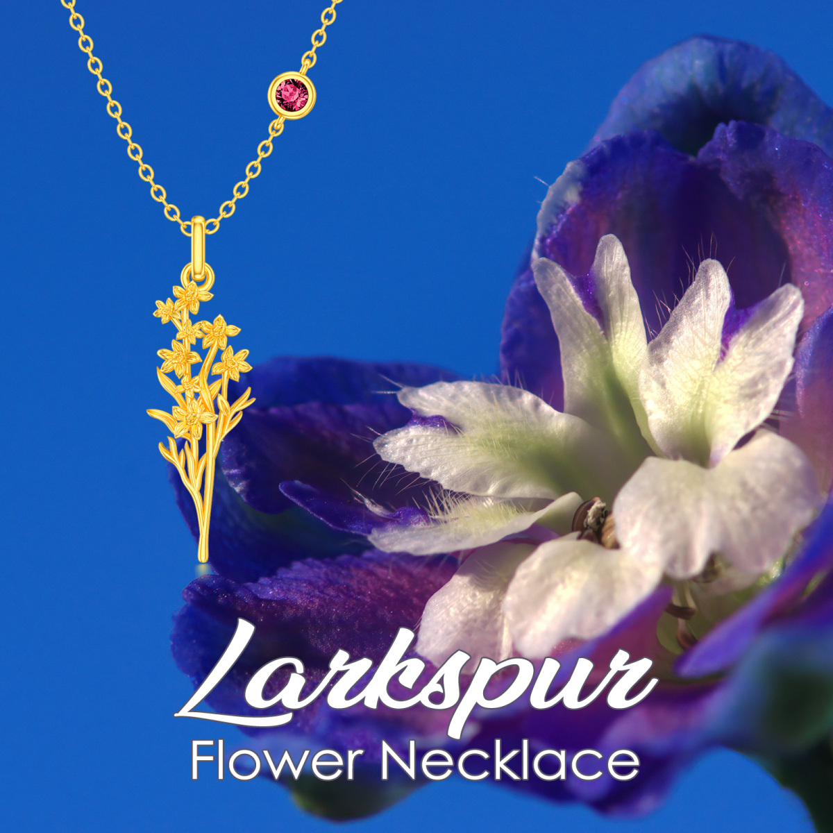 Sterling Silver with Yellow Gold Plated July Birthstone Flower Larkspur Pendant Necklace-6