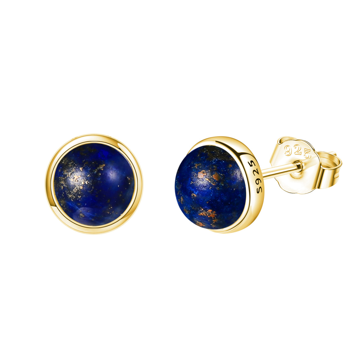 Sterling Silver with Yellow Gold Plated Lapis Lazuli Round Stud Earrings-1