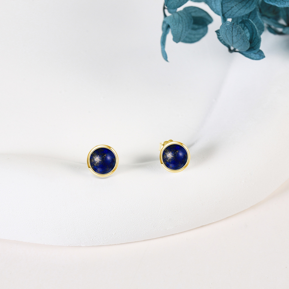 Sterling Silver with Yellow Gold Plated Lapis Lazuli Round Stud Earrings-3