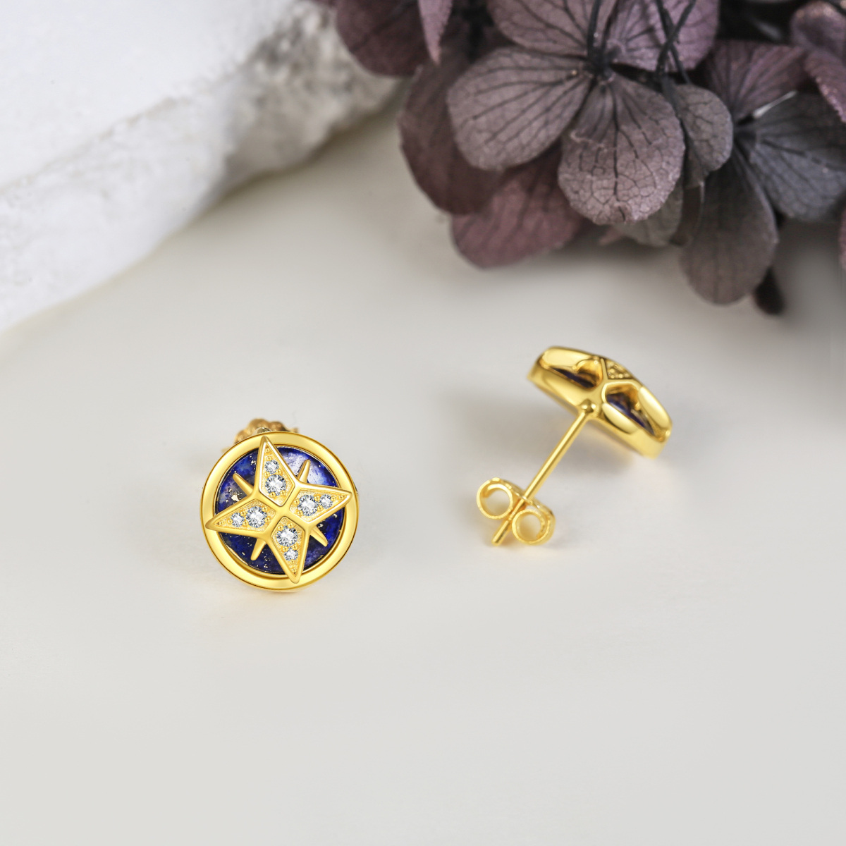 Sterling Silver with Yellow Gold Plated Lapis Lazuli Star Stud Earrings-4