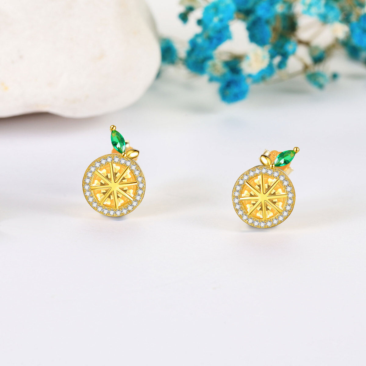 Sterling Silver with Yellow Gold Plated Cubic Zirconia Lemon Stud Earrings-3