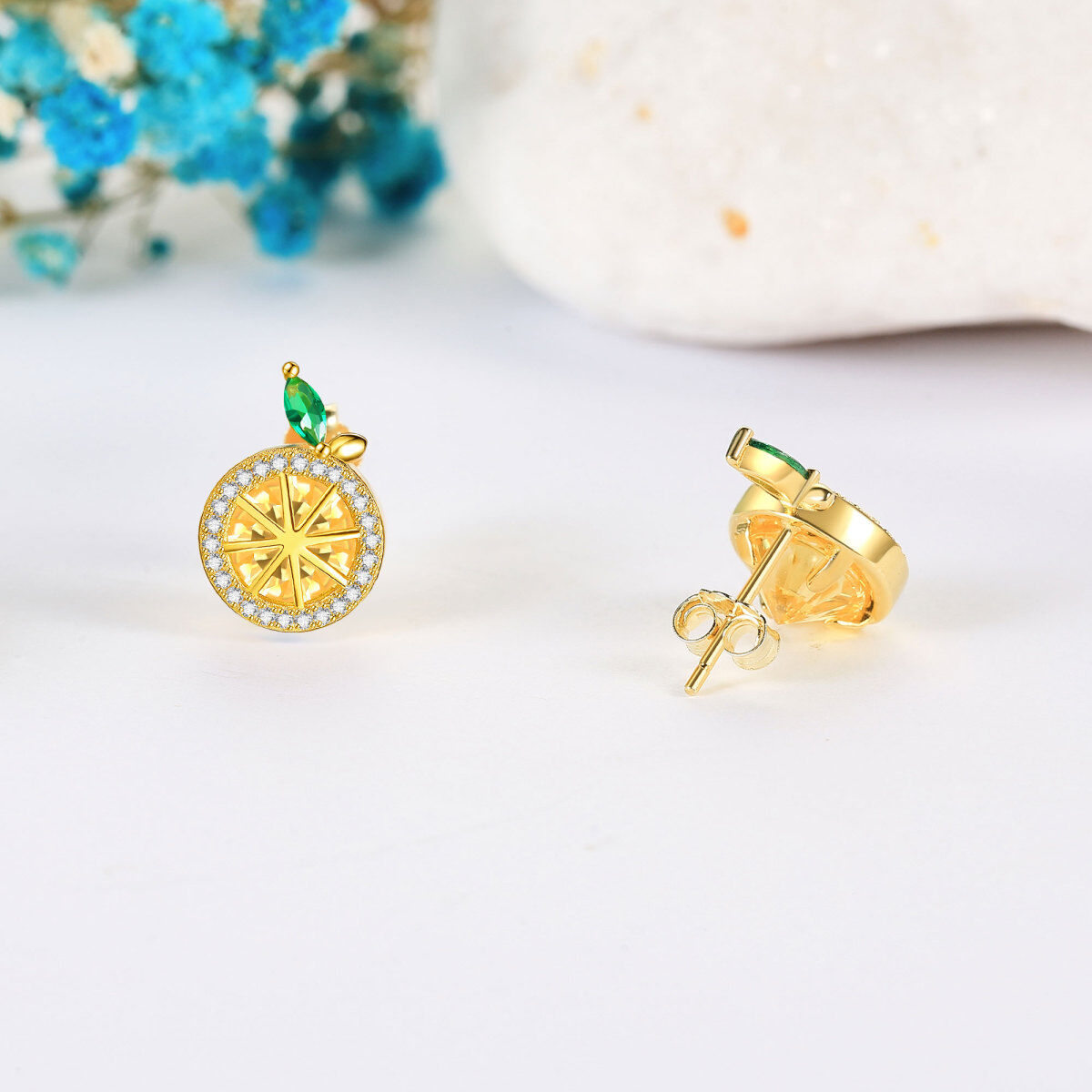 Sterling Silver with Yellow Gold Plated Cubic Zirconia Lemon Stud Earrings-4