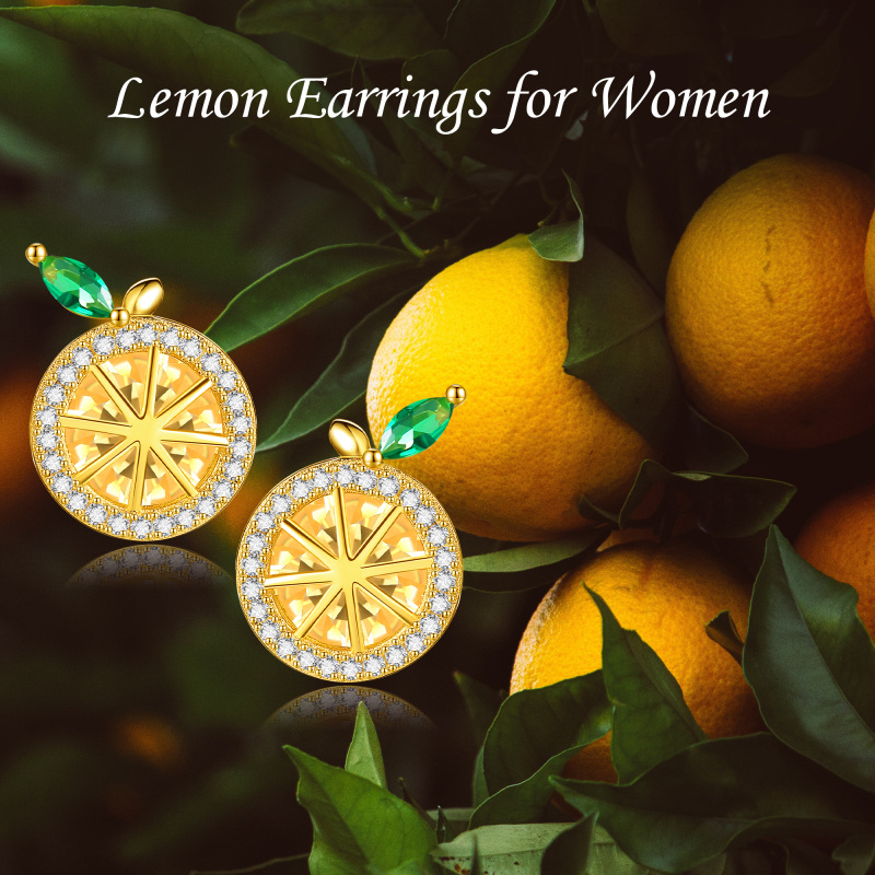 Sterling Silver with Yellow Gold Plated Cubic Zirconia Lemon Stud Earrings-6