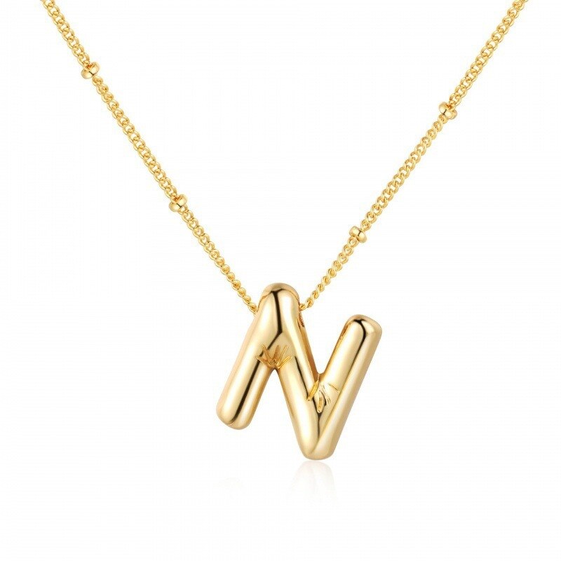 Sterling Silver with Yellow Gold Plated Letters Pendant Necklace with Initial Letter N-1