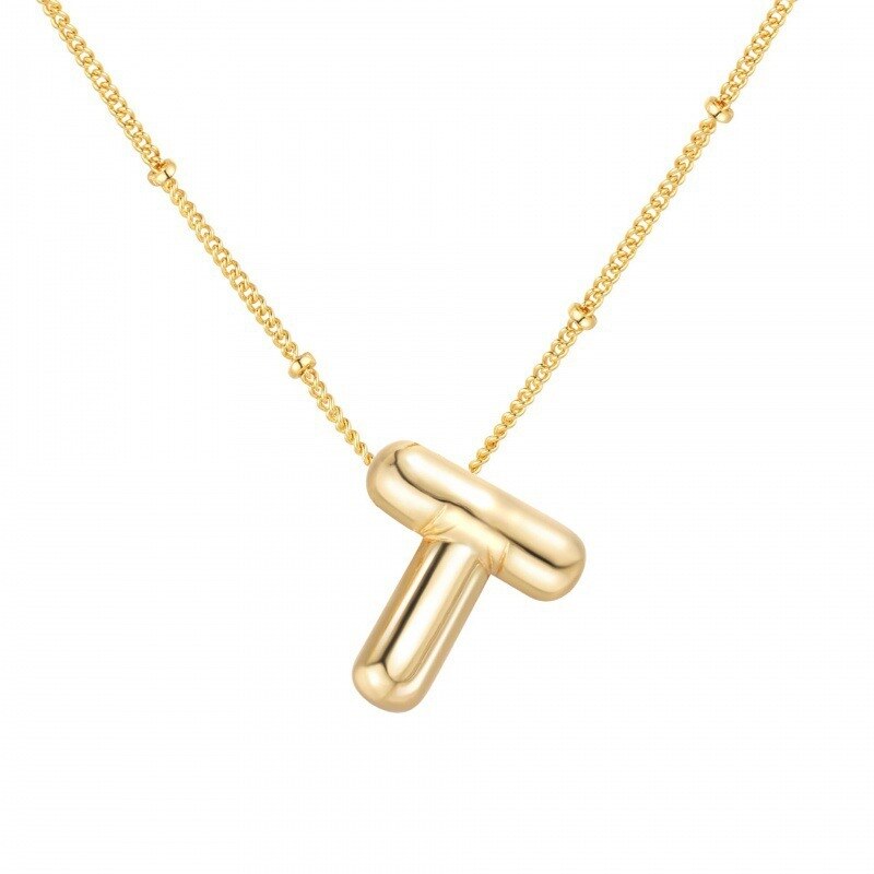 Sterling Silver with Yellow Gold Plated Letters Pendant Necklace with Initial Letter T-1