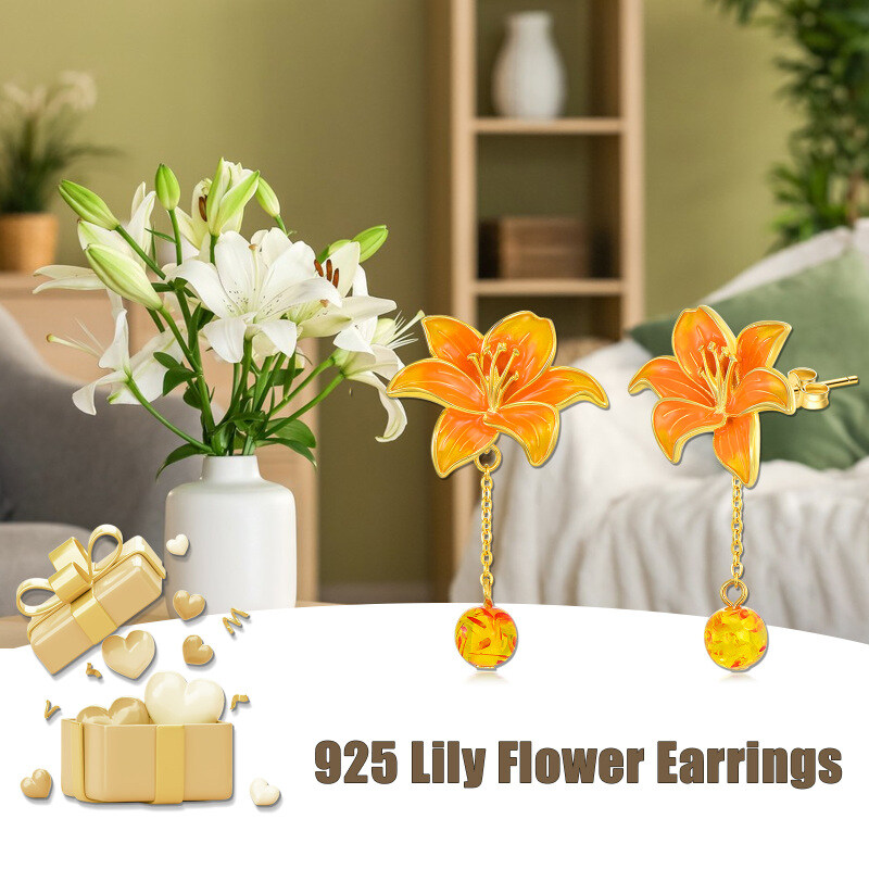 Boucles d'oreilles pendantes en argent sterling et plaqué or jaune avec lys-5