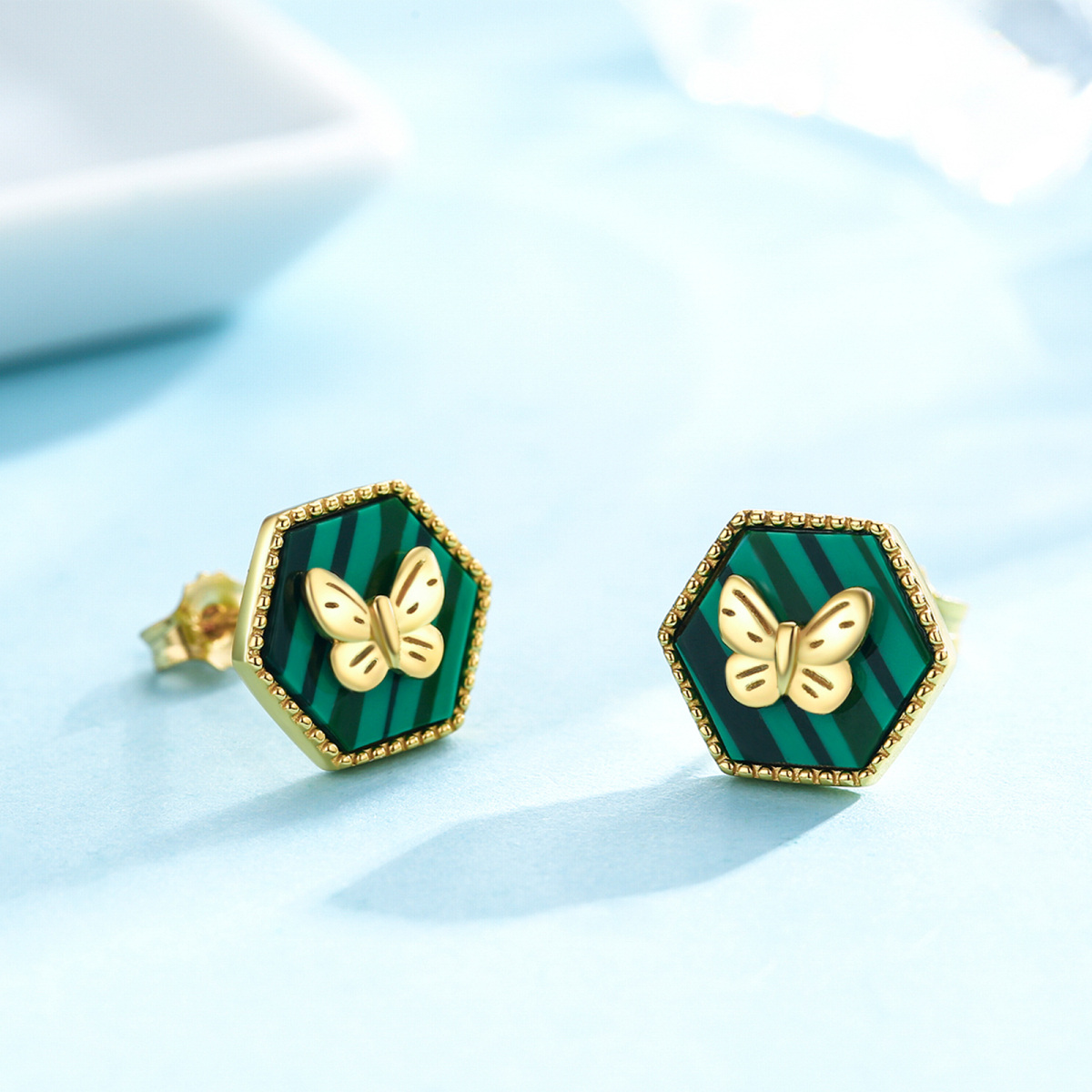 Sterling Silver with Yellow Gold Plated Malachite Butterfly Stud Earrings-1