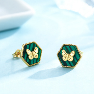 Sterling Silver with Yellow Gold Plated Malachite Butterfly Stud Earrings-1