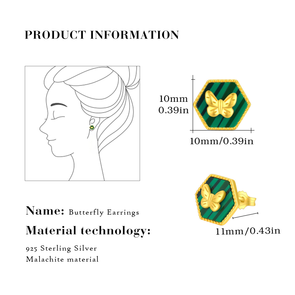 Sterling Silver with Yellow Gold Plated Malachite Butterfly Stud Earrings-4