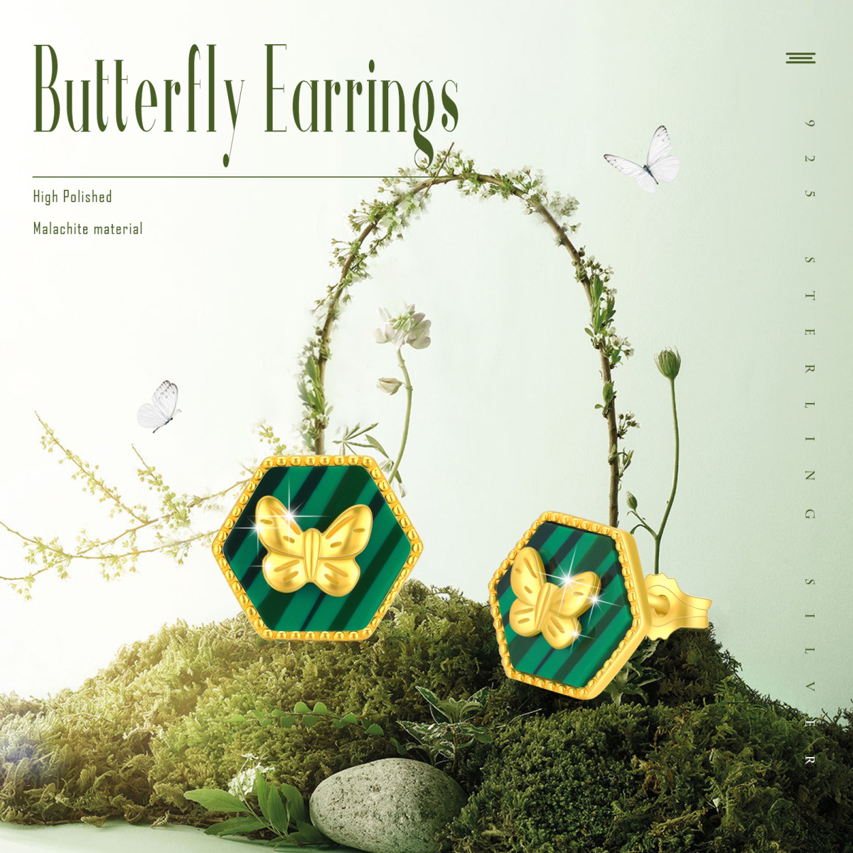 Sterling Silver with Yellow Gold Plated Malachite Butterfly Stud Earrings-5