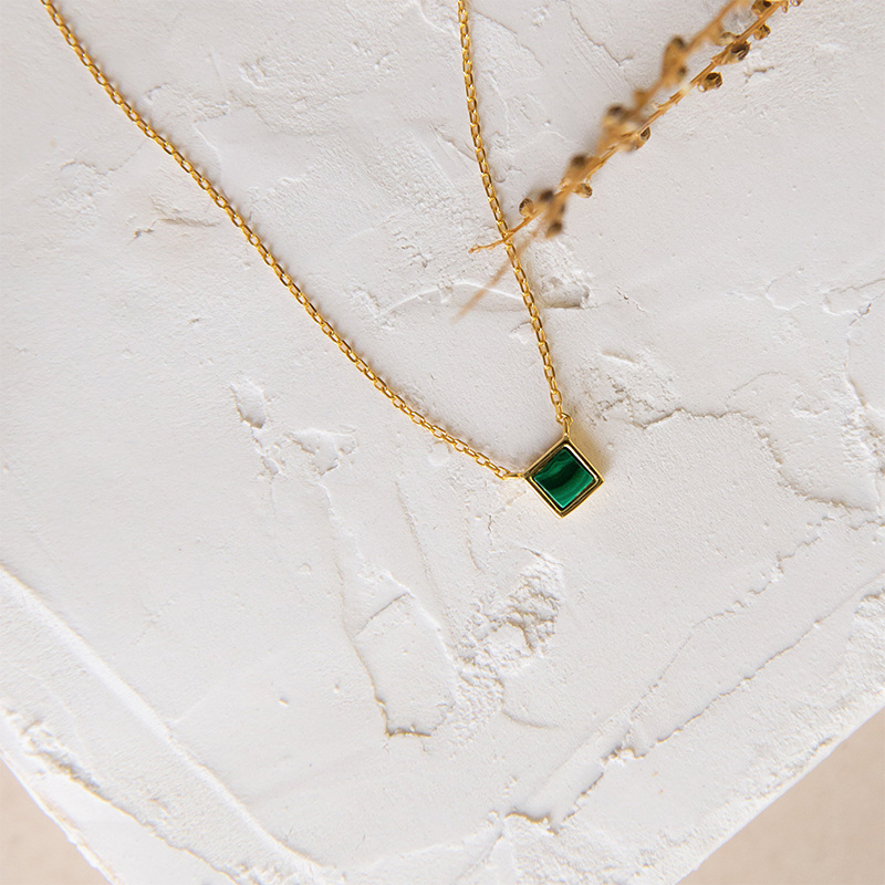 Sterling Silver with Yellow Gold Plated Malachite Square Pendant Necklace-4