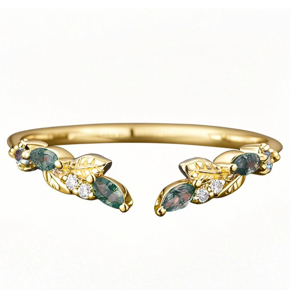 Trouwring van sterlingzilver met geelgouden marquise geslepen mos agaat-1
