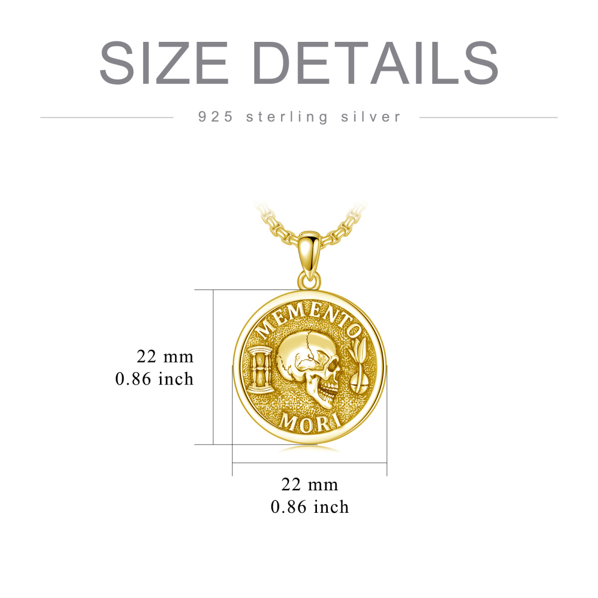 Sterling Silver with Yellow Gold Plated Memento Mori Skull Pendant Necklace for Men-3