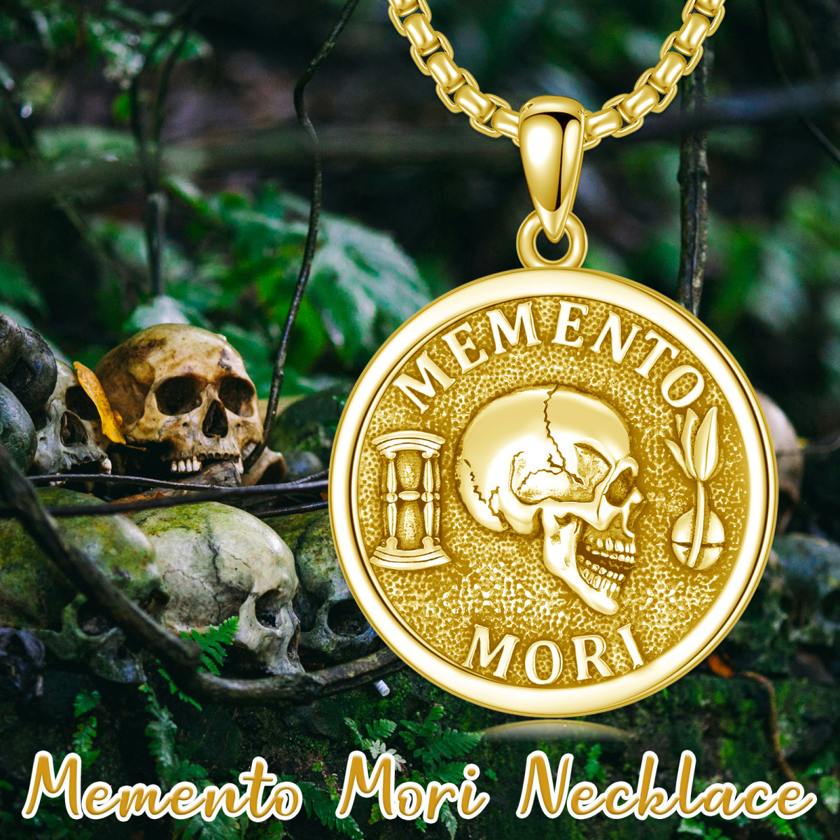 Collar con colgante de calavera Memento Mori en plata de ley bañada en oro amarillo para hombre-4