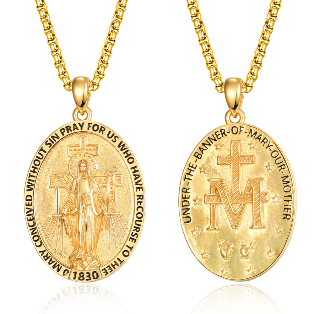 Sterling Silver with Yellow Gold Plated Miraculous Medal Pendant Necklace for Men-1