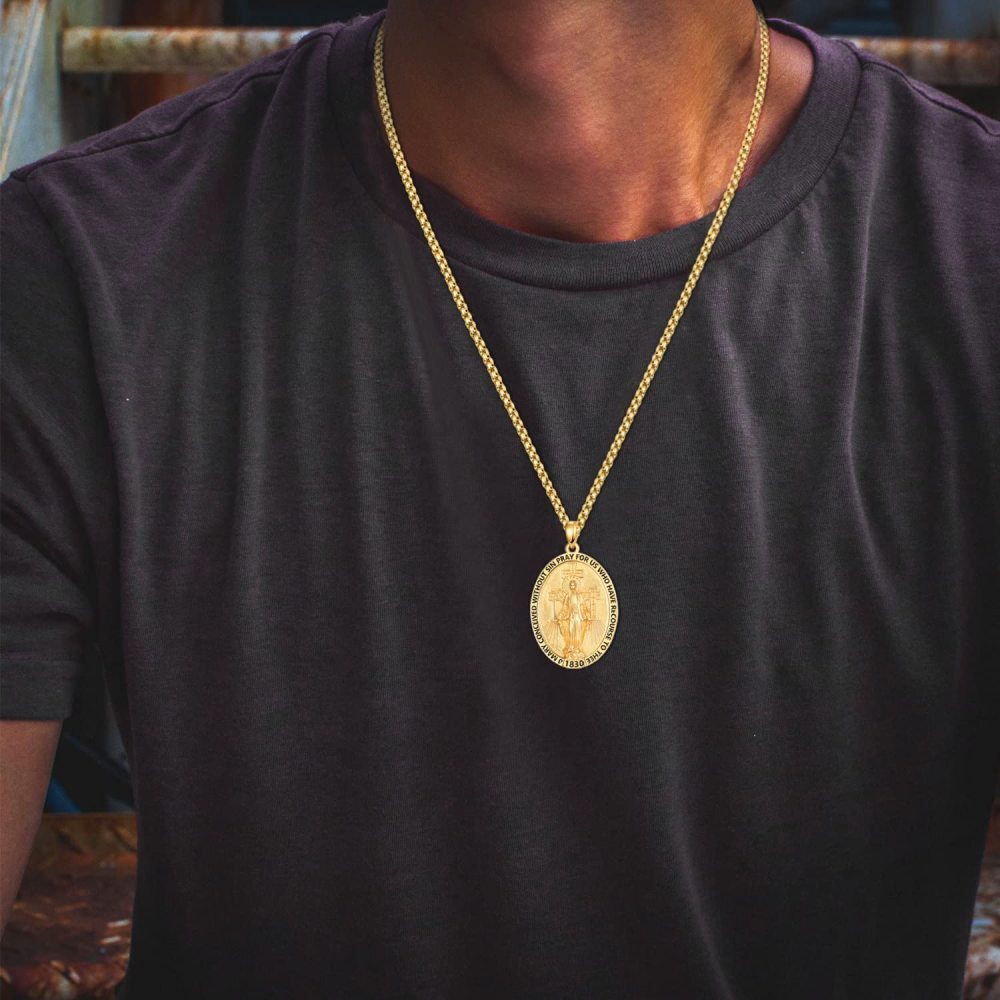 Sterling Silver with Yellow Gold Plated Miraculous Medal Pendant Necklace for Men-2
