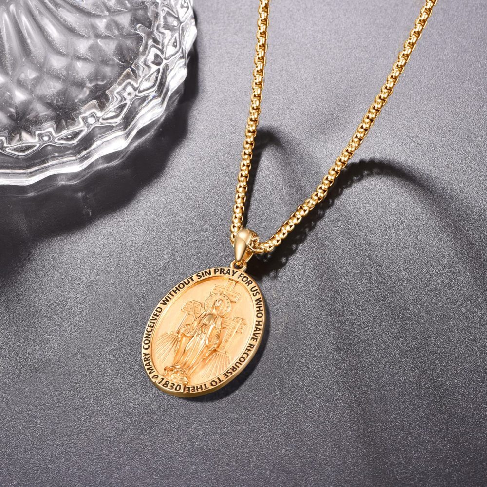 Sterling Silver with Yellow Gold Plated Miraculous Medal Pendant Necklace for Men-3