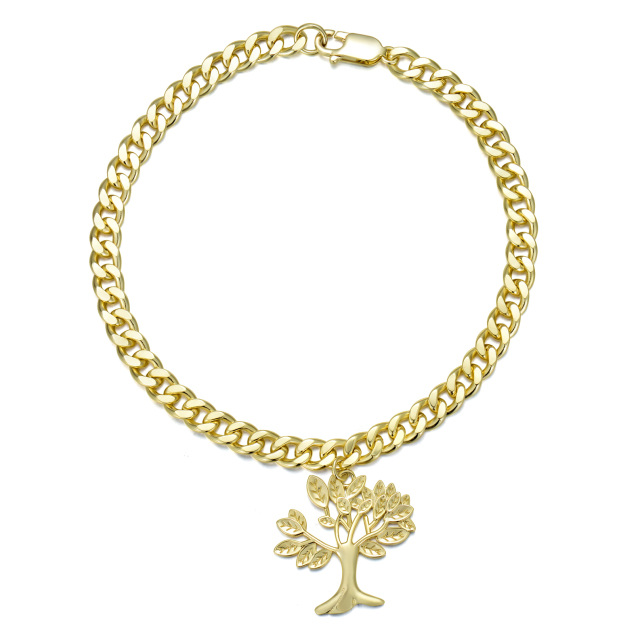 Sterling Silver Yellow Gold Plated 5 MM Tree Of Life Pendant Cuban Chain Bracelet for Men-1