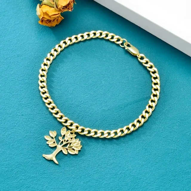 Pulsera de cadena cubana con colgante de árbol de la vida de 5 mm chapada en oro amarillo de plata de ley para hombres-2