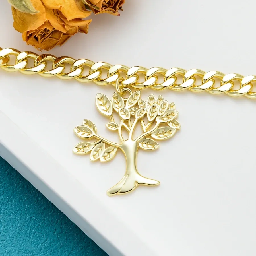 Sterling Silver Yellow Gold Plated 5 MM Tree Of Life Pendant Cuban Chain Bracelet for Men-4