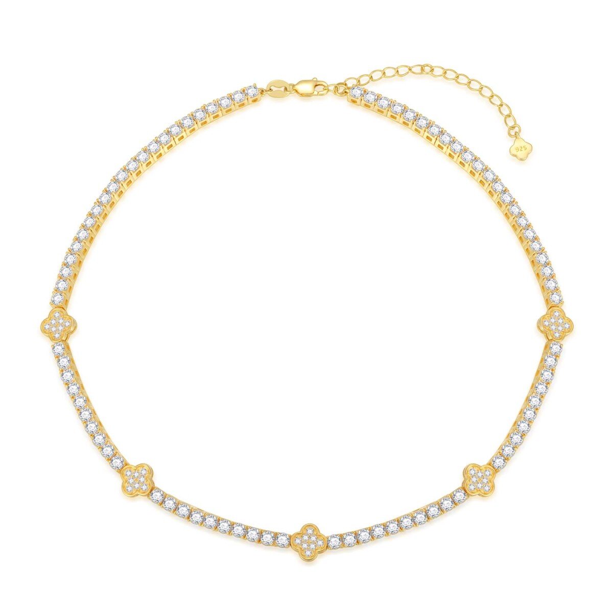 Collar de cadena de tenis de plata de ley con moissanita chapada en oro amarillo y trébol de cuatro hojas-1