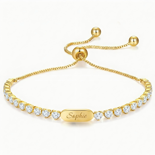 Pulsera de tenis de plata de ley con baño de oro amarillo y moissanita, grabada con personalización.