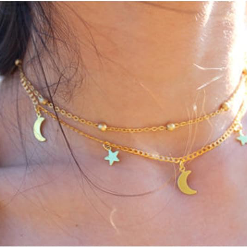 Sterling Silver with Yellow Gold Plated Moon & Star Metal Choker Necklace-2