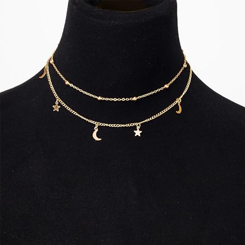 Sterling Silver with Yellow Gold Plated Moon & Star Metal Choker Necklace-3