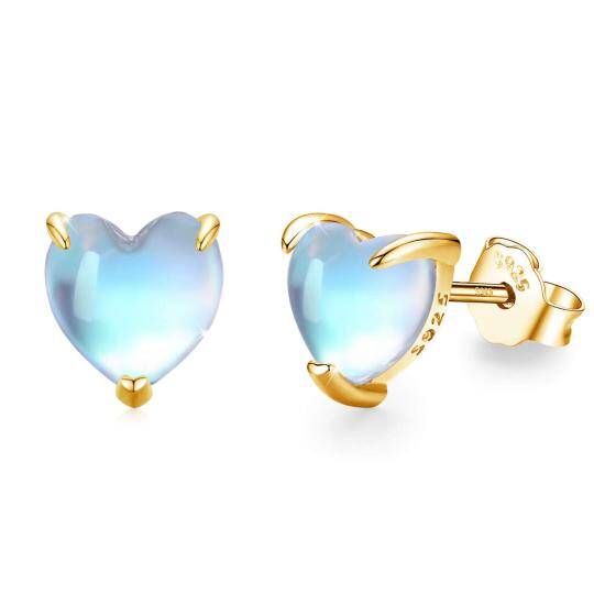 Sterling Silver with Yellow Gold Plated Moonstone Heart Stud Earrings