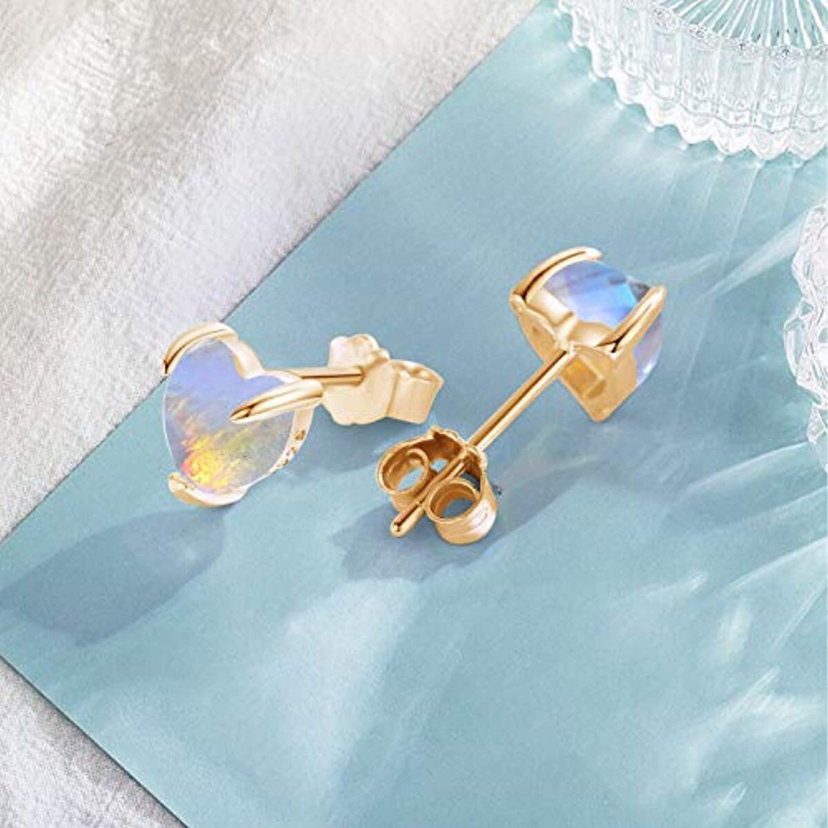 Sterling Silver with Yellow Gold Plated Moonstone Heart Stud Earrings-3