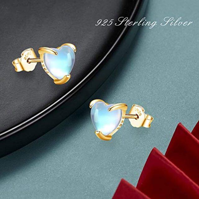 Sterling Silver with Yellow Gold Plated Moonstone Heart Stud Earrings-4