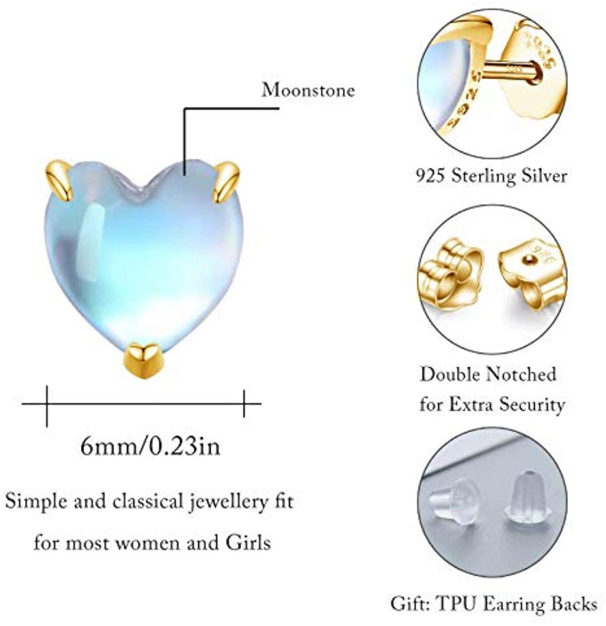 Sterling Silver with Yellow Gold Plated Moonstone Heart Stud Earrings-5