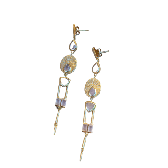 Boucles d'oreilles pendantes en argent sterling et plaqué or jaune avec pierre de lune ron