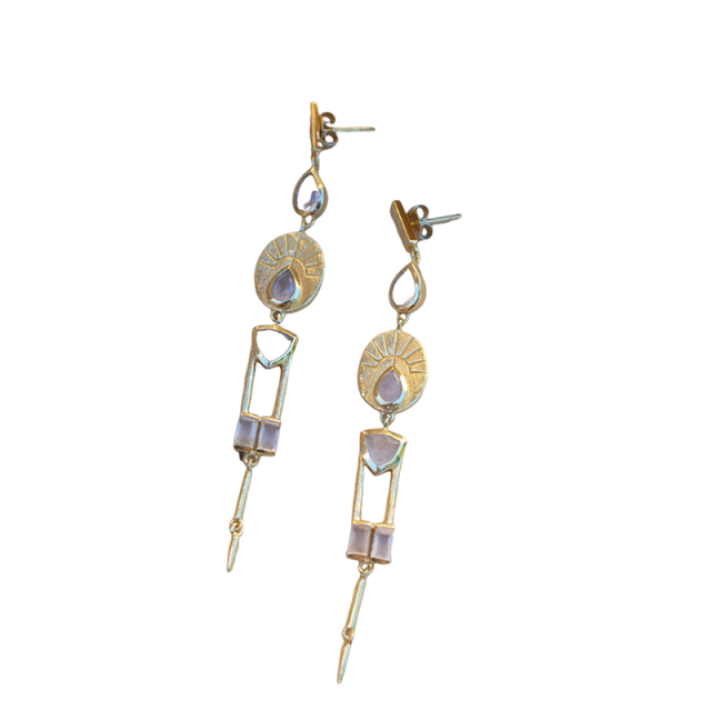 Boucles d'oreilles pendantes en argent sterling et plaqué or jaune avec pierre de lune ron-1