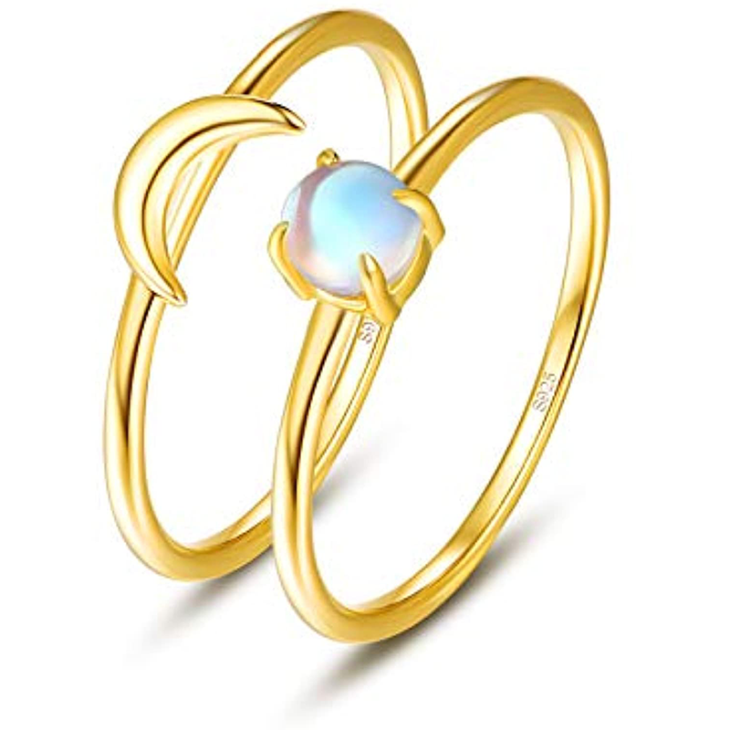 Sterling Silver with Yellow Gold Plated Moonstone Round/Spherical Stackable Ring-15