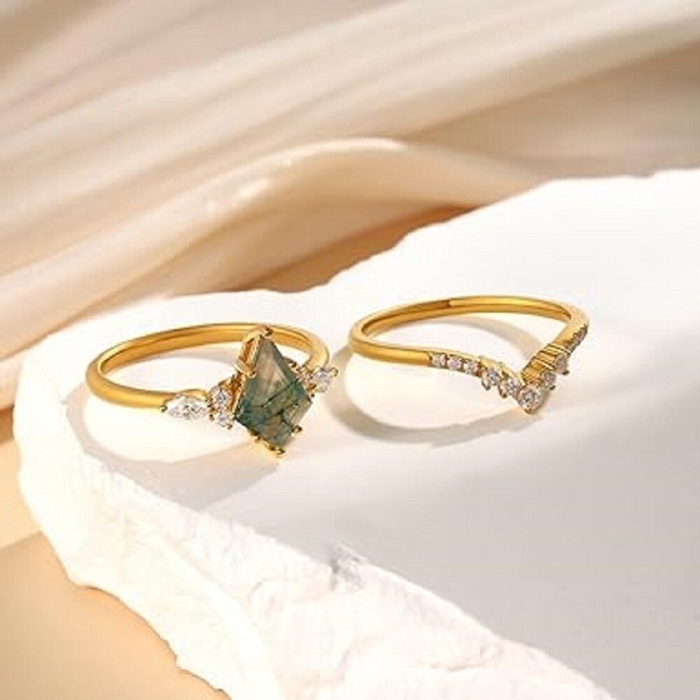 Sterling Silver with Yellow Gold Plated Moss Agate Engagement Ring-5