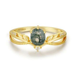 Sterling Silver with Yellow Gold Plated Moss Agate Personalized Engraving Engagement Ring-22