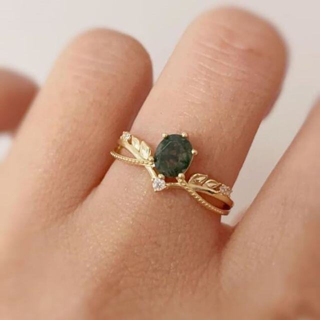 Sterling Silver with Yellow Gold Plated Moss Agate Personalized Engraving Engagement Ring-2