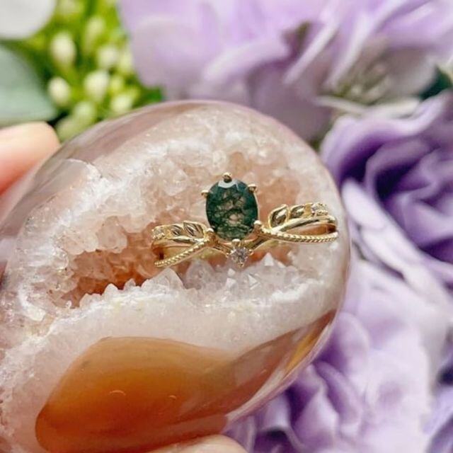 Sterling Silver with Yellow Gold Plated Moss Agate Personalized Engraving Engagement Ring-3