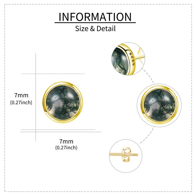 Sterling Silver with Yellow Gold Plated Moss Agate Round Stud Earrings-5