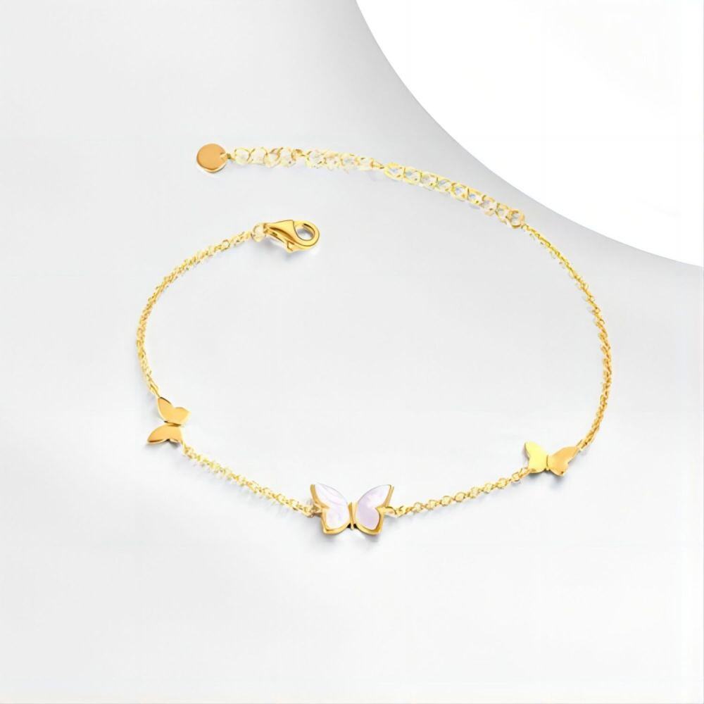 Sterling Silver with Yellow Gold Plated Mother Of Pearl Butterfly Charm Bracelet-3