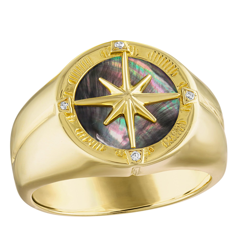 Kompassring für Herren aus Sterlingsilber mit Gelbgoldbeschichtung und Zirkonia und Perlmutt-2