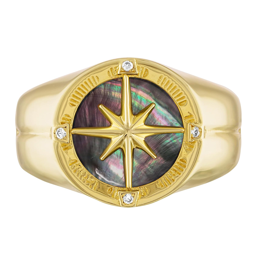Kompassring für Herren aus Sterlingsilber mit Gelbgoldbeschichtung und Zirkonia und Perlmutt-3