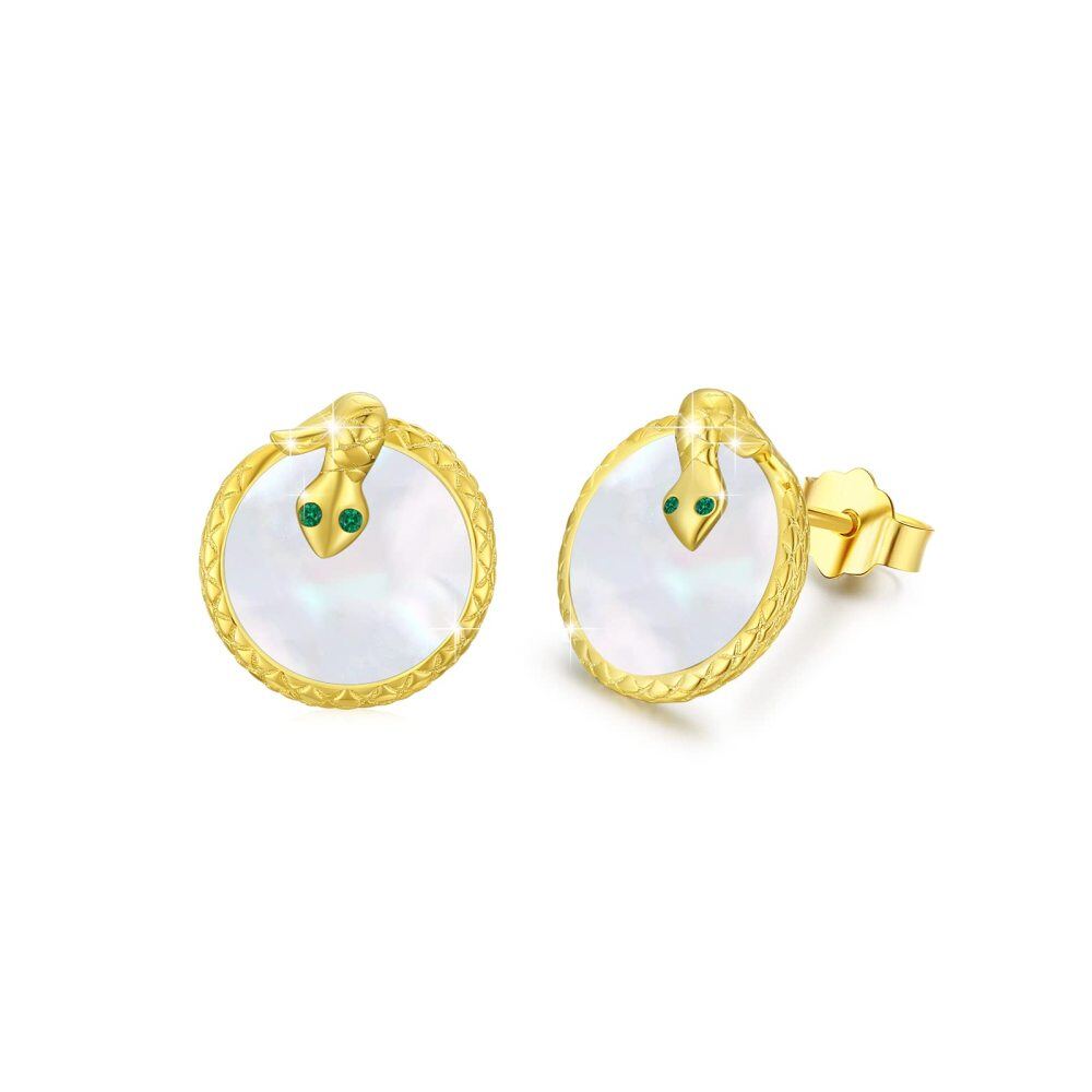Sterling Silver with Yellow Gold Plated Mother Of Pearl Snake Stud Earrings-1